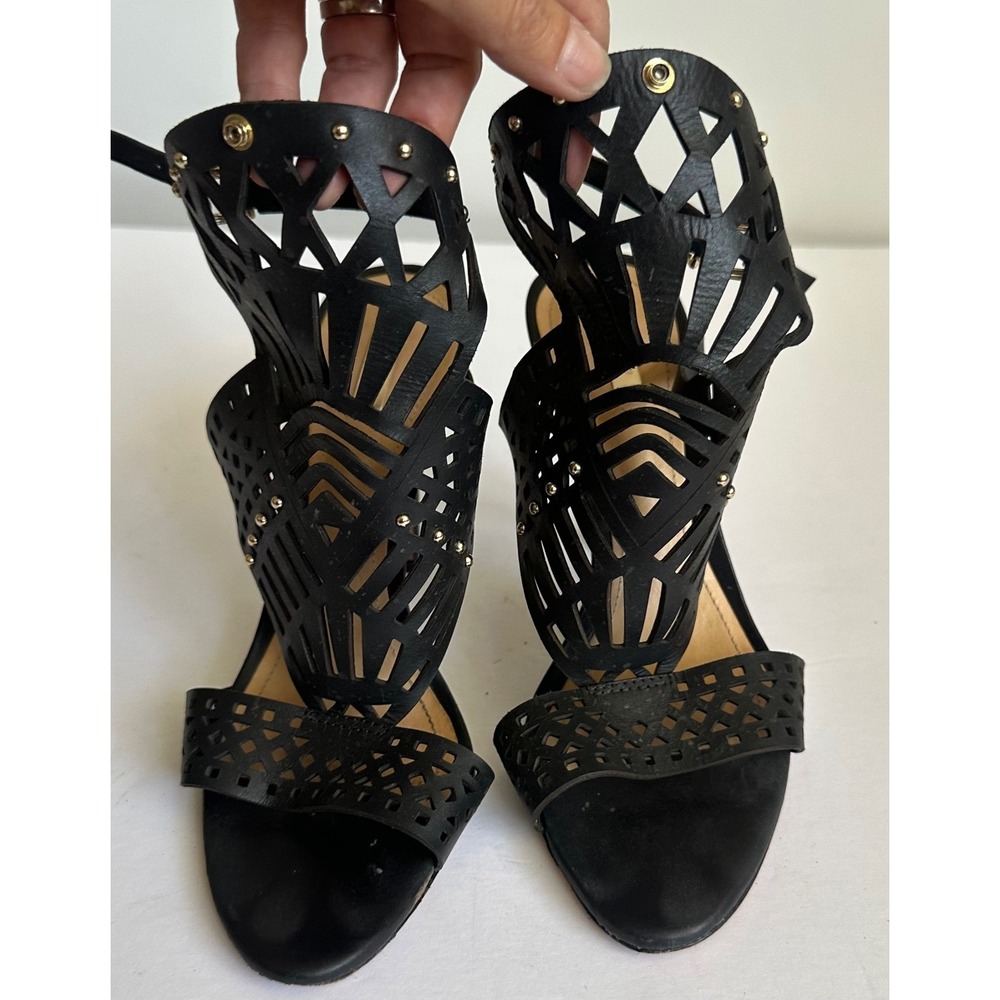Schutz Brasiliana Gladiator Sandals Black Leather Laser Cut Removable Piece 8B - Picture 14 of 16